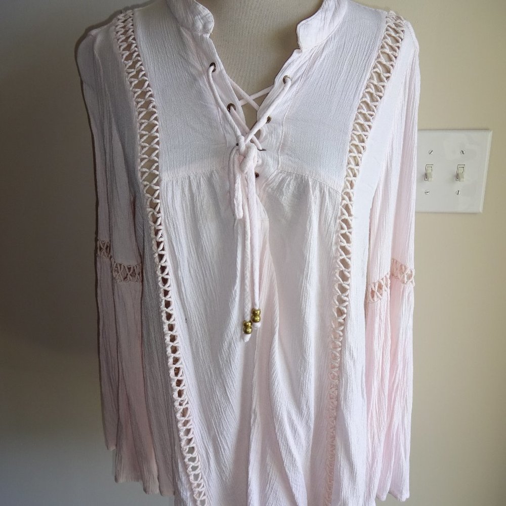 Womens Pink Romeo & Juliet Couture Peasant Shirt Top S Hippie Style Bell Sleeves